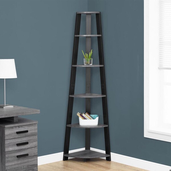Homeroots 72 in. Grey & Black Particle BoardLaminate & MDF Corner Bookshelf - 332941