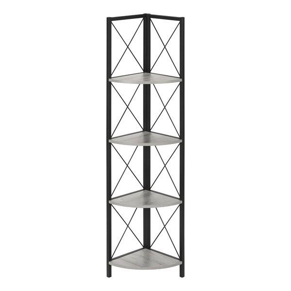 Monarch Specialties Bookshelf, Bookcase, Etagere, Corner, 4 Tier, 60"H, Office, Bedroom, Metal, Laminate, Grey, Black - I 3647