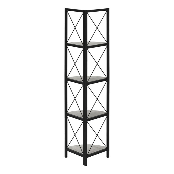 Monarch Specialties Bookshelf, Bookcase, Etagere, Corner, 4 Tier, 60"H, Office, Bedroom, Metal, Laminate, Grey, Black - I 3647