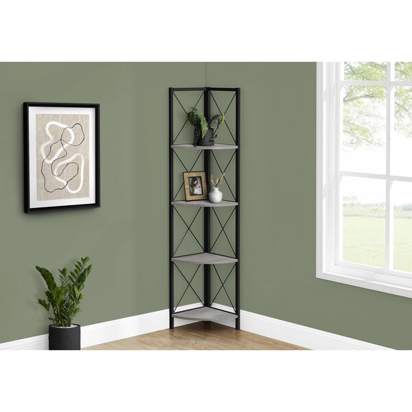 Monarch Specialties Bookshelf, Bookcase, Etagere, Corner, 4 Tier, 60"H, Office, Bedroom, Metal, Laminate, Grey, Black - I 3647