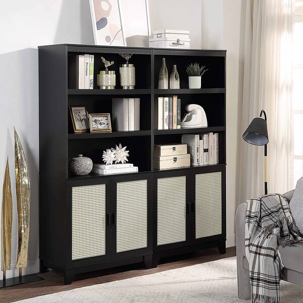 Manhattan Comfort Sheridan Modern Cane Bookcase with Adjustable Shelves in Black, 2PK - 2-BC-6GLF-BK