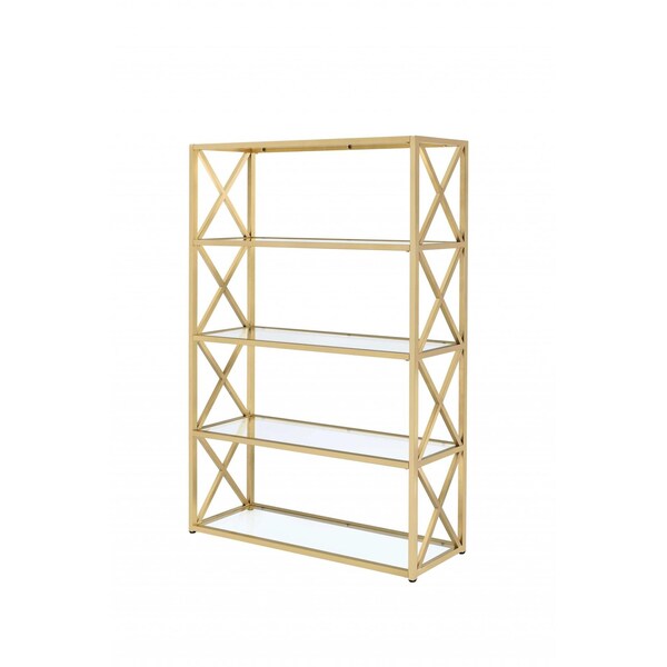 Homeroots 77 x 48 x 14 in. Milavera Etagere Bookcase Clear Glass and amp; Gold - 286631