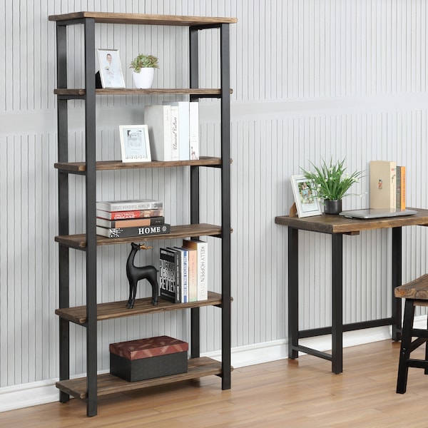 Alaterre Furniture Pomona 70"H 5-Shelf Metal and Solid Wood Bookcase - AMBA0820