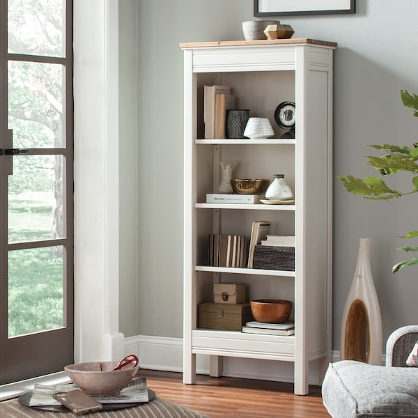 Alaterre Furniture Savannah Tall Bookcase, Ivory with Natural Wood Top - ASVA08IVW