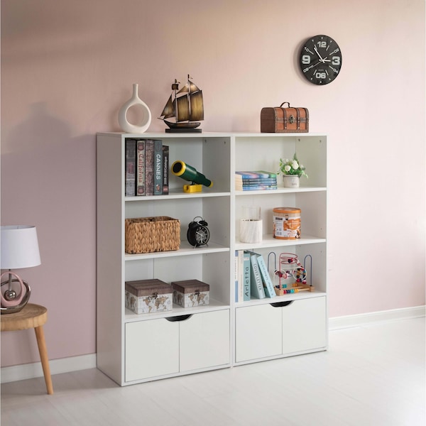 Basicwise 47-in. White 3 Tier Open Book Shelf and Bookcases w/2 Doors Storage Cabinet and 1 Adjustable Shelf - QI004656.WT