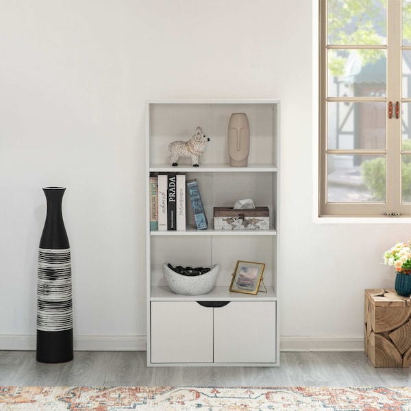 Basicwise 47-in. White 3 Tier Open Book Shelf and Bookcases w/2 Doors Storage Cabinet and 1 Adjustable Shelf - QI004656.WT