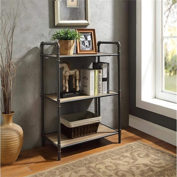 Acme 3 Wooden Tiers Rectangular Bookshelf in Antique Oak and Sandy Gray - ER-0234GY