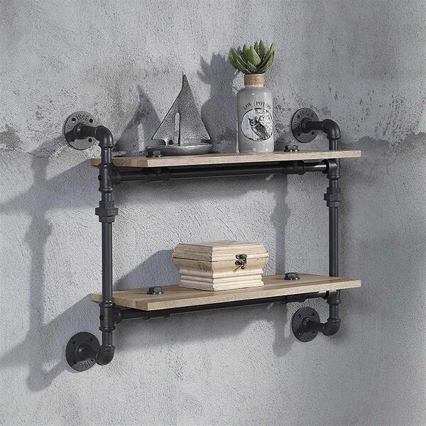 Acme Wall Rack with 2 Wooden Shelves in Oak and Sandy Black - ER-0291-2