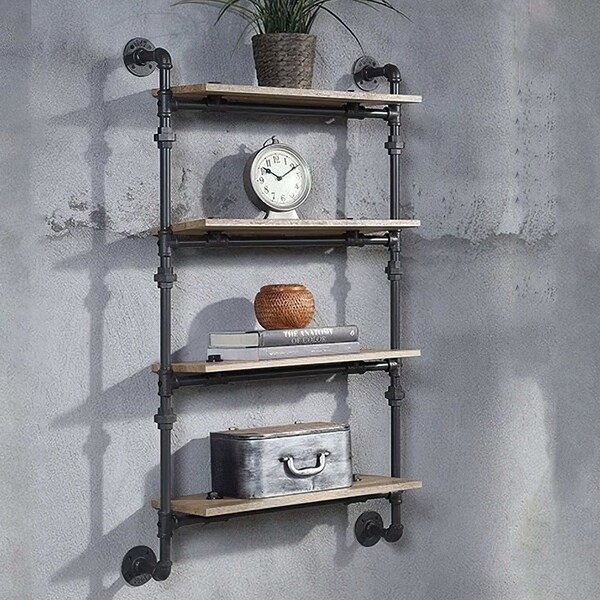Acme Wall Rack with 4 Wooden Shelves in Oak and Sandy Black - ER-0291-4