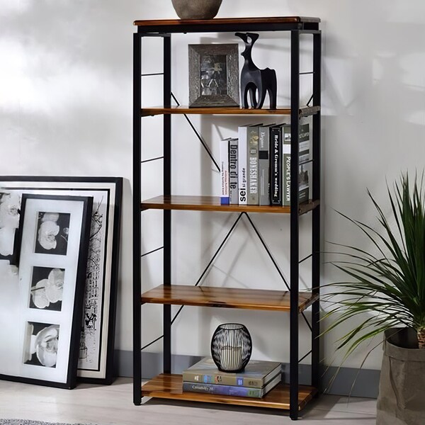Acme 5 Wooden Rectangular Bookshelf with Metal Frame in Oak and Black - ER-0233OAK