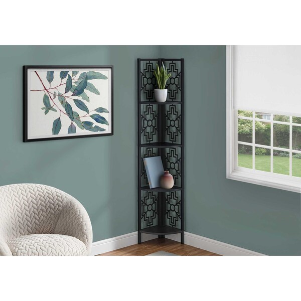 Homeroots 62 in. Bookcase with 4 Solid Black Shelves & Black Metal Corner Etagere - 376533