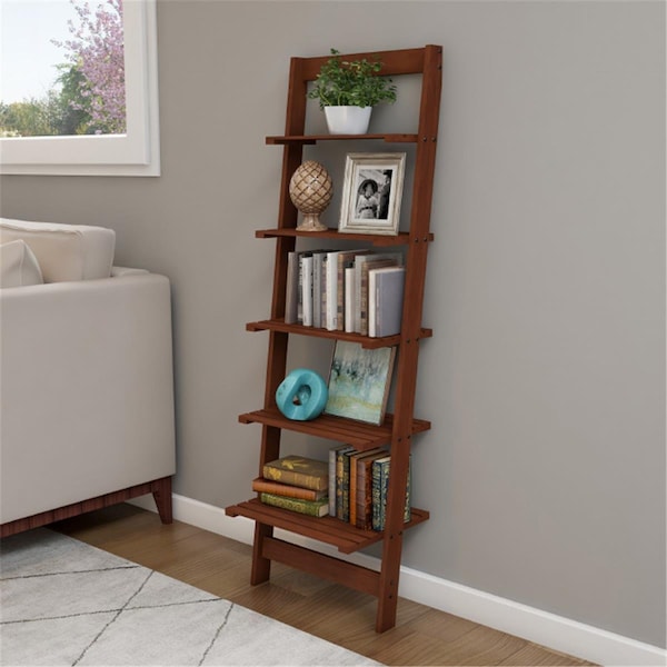 Lavish Home Lavish Home  5-Tier Ladder Bookshelf Leaning Shelves For Display Wood Accent Home Decor, Walnut - 80-15-5-WAL