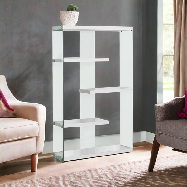 Homeroots 58.75 in. Glossy White Particle Board & Clear Tempered Glass Bookcase - 333150