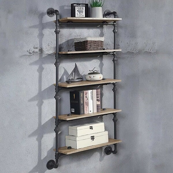 Acme Wall Rack with 5 Wooden Shelves in Oak and Sandy Black - ER-0291-5