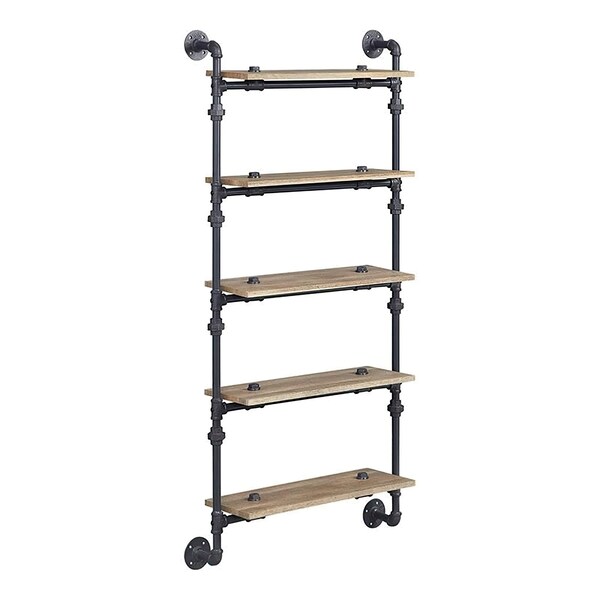 Acme Wall Rack with 5 Wooden Shelves in Oak and Sandy Black - ER-0291-5