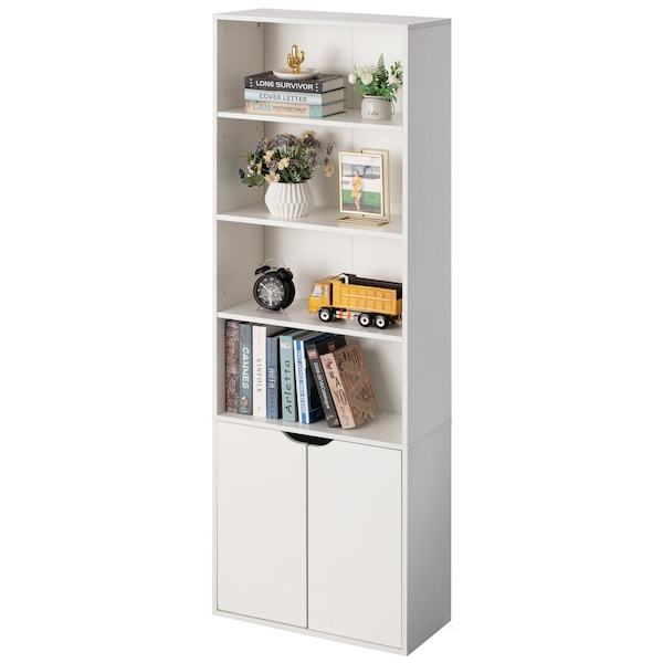 Basicwise 71-in. White 4 Tier Open Book Shelf and Bookcases w/2 Doors Storage Cabinet and 1 Adjustable Shelf - QI004657.WT