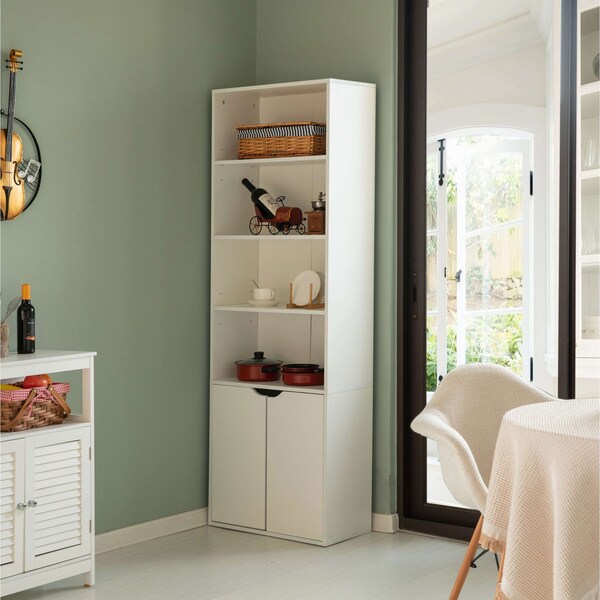 Basicwise 71-in. White 4 Tier Open Book Shelf and Bookcases w/2 Doors Storage Cabinet and 1 Adjustable Shelf - QI004657.WT