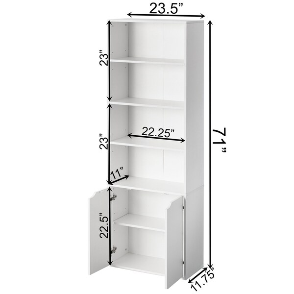 Basicwise 71-in. White 4 Tier Open Book Shelf and Bookcases w/2 Doors Storage Cabinet and 1 Adjustable Shelf - QI004657.WT