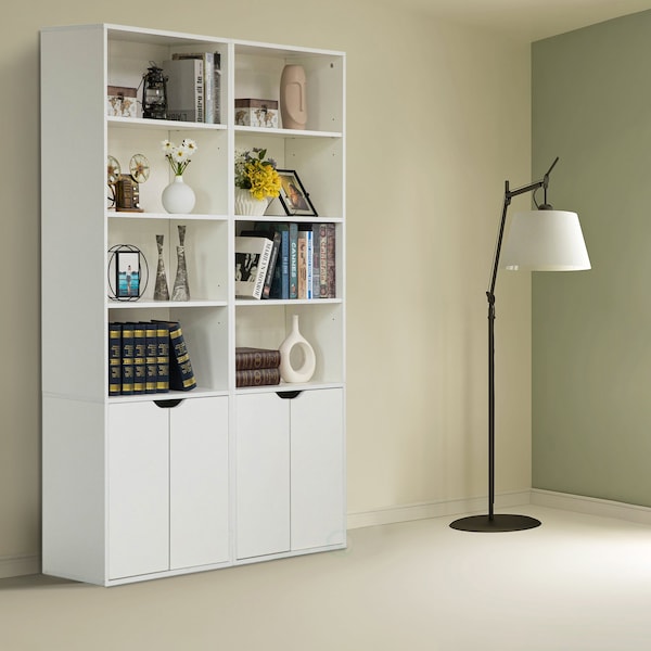 Basicwise 71-in. White 4 Tier Open Book Shelf and Bookcases w/2 Doors Storage Cabinet and 1 Adjustable Shelf - QI004657.WT