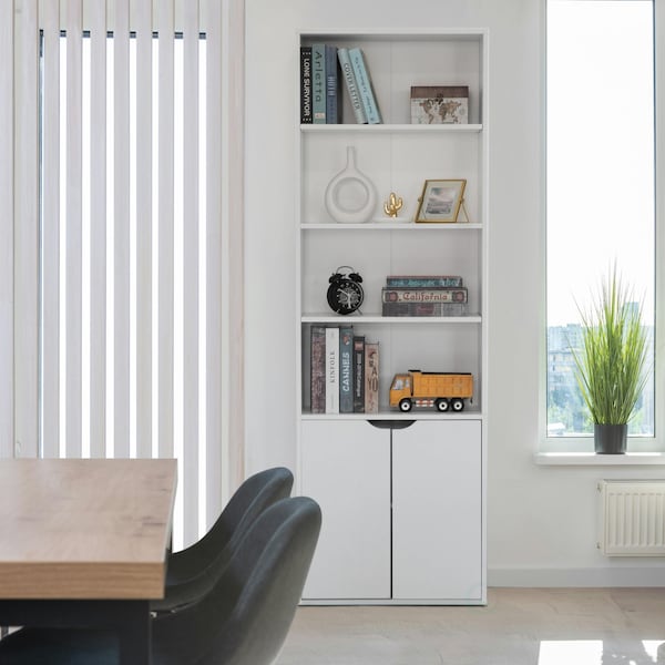 Basicwise 71-in. White 4 Tier Open Book Shelf and Bookcases w/2 Doors Storage Cabinet and 1 Adjustable Shelf - QI004657.WT
