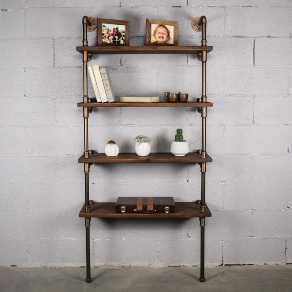 Furniture Pipeline Sacramento 33 Wide 4-Tier Etagere Bookcase, Rustic Bronze Combo w/Light Brown Stained Wood - TWBS331-BZ