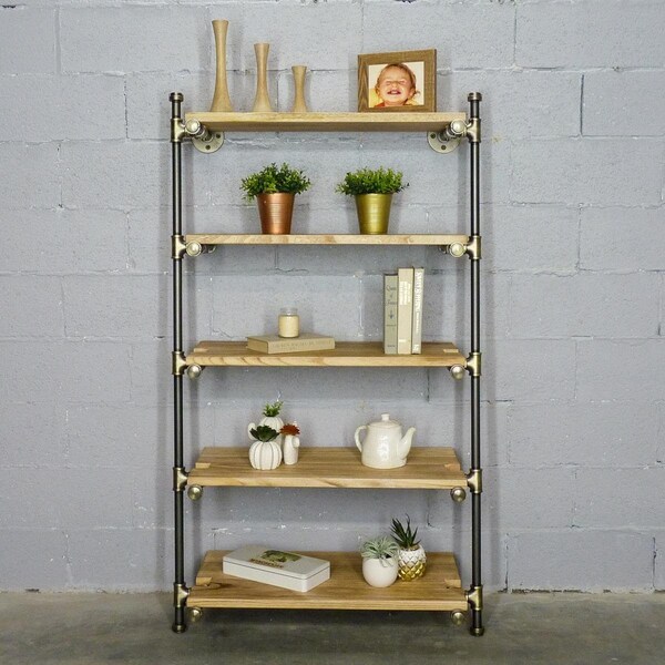 Furniture Pipeline 35 in. Orlando Leaning Bookcase, Brushed Brass Gray Steel Combo w/Natural Stained Wood - TWLS1-BR/GR/NA