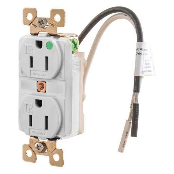 Zoro Select Receptacle, 15 A Amps, 125V AC, Flush Mount, Standard Duplex Outlet, 5-15R, White - BRY8200WTR