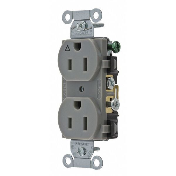 Zoro Select Receptacle, 15 A Amps, 125V AC, Flush Mount, Standard Duplex Outlet, 5-15R, Gray - CR15IGRY