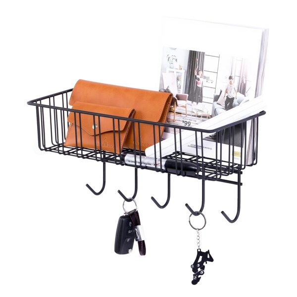 Compasion 6.75 x 13.75 x 5.75 in. Metal Wall Mounted Entryway Organizer Rack with Hooks, Black - CO3731547