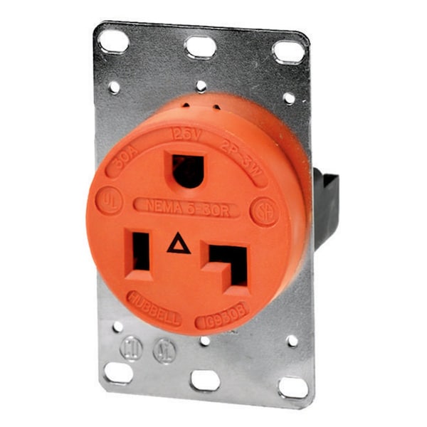 Hubbell Wiring Device-Kellems Straight Blade Devices, Receptacles, Flush Receptacle, Industrial Grade, 2-Pole 3-Wire Grounding, 30A 125V, 5-20R, Orange, Single Pack - IG9308