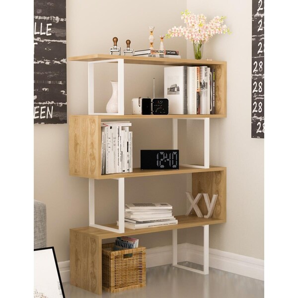 Kd Cama De Bebe 36 x 12 x 50 in. Adriana 4-Shelf Geometric Bookcase - White & Oak - KD3466862