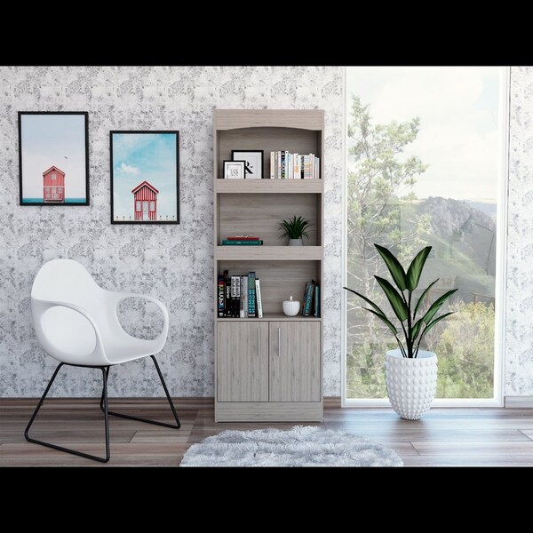 Tuhome Simma Bookcase, Metal Hardware, Three Shelves, Double Door Cabinet, Light Gray - BLZ5563
