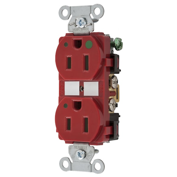 Hubbell Wiring Device-Kellems Straight Blade Devices, Duplex Receptacle, Hubbell-Pro, Hospital Grade, LED Indicator, 15A 125V, 2- Pole 3-Wire Grounding, 5-15R, Red - 8200REDL