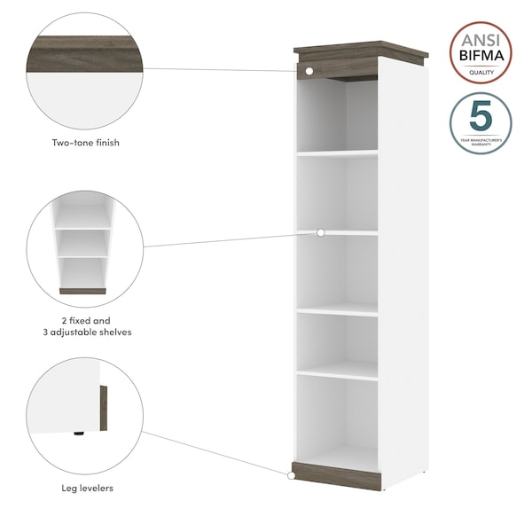Bestar Orion 20W Narrow Shelving Unit, White & Walnut Grey - 116162-000017