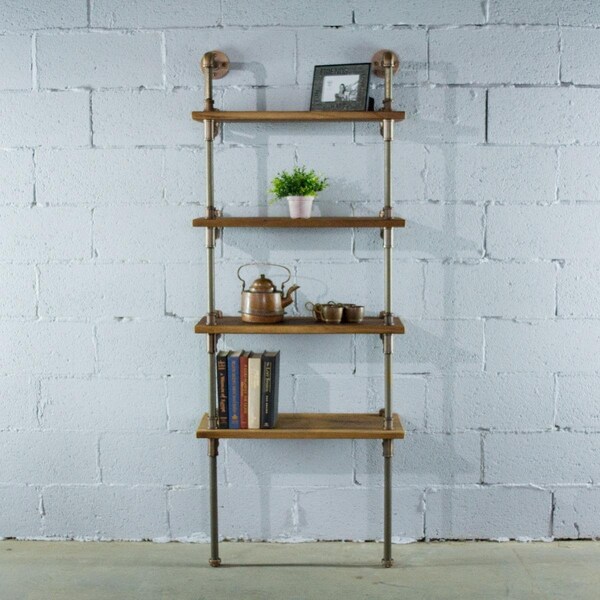 Furniture Pipeline 27 in. Sacramento Wide 4-Tier Etagere Bookcase, Rustic Bronze Combo w/Light Brown Stained Wood - TWBS1-BZ