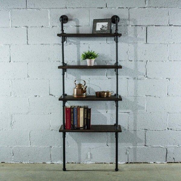 Furniture Pipeline 27 in. Sacramento Wide 4-Tier Etagere Bookcase, Black Steel Combo w/Dark Brown Stained Wood - TWBS1-BL