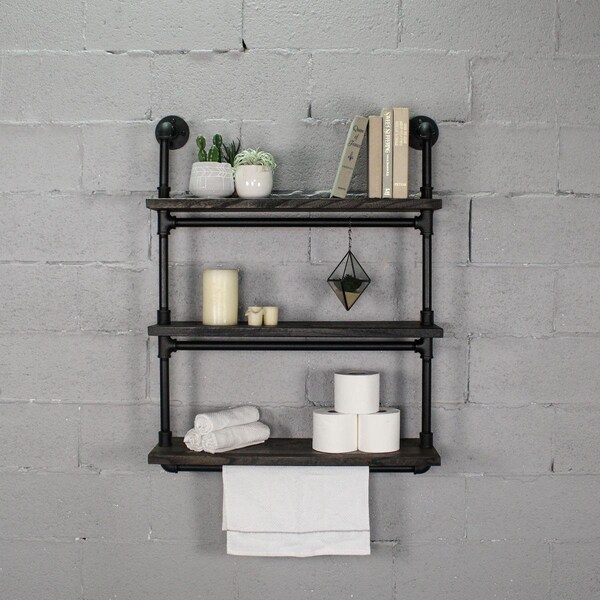Furniture Pipeline Juneau 30 Wide 3-Tier Wall Mounted Etagere Bookcase, Black Steel Combo w/Dark Brown Stained Wood - TTS301-BL