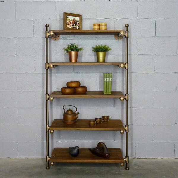 Furniture Pipeline 35 in. Orlando Leaning Bookcase, Rustic Bronze Combo w/Light Brown Stained Wood - TWLS1-BZ/BZ/BR