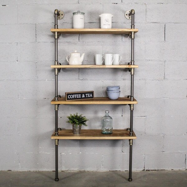 Furniture Pipeline Sacramento  33 Wide 4-Tier Etagere Bookcase, Brass Gray Steel Combo w/Natural Stained Wood - TWBS331-BR