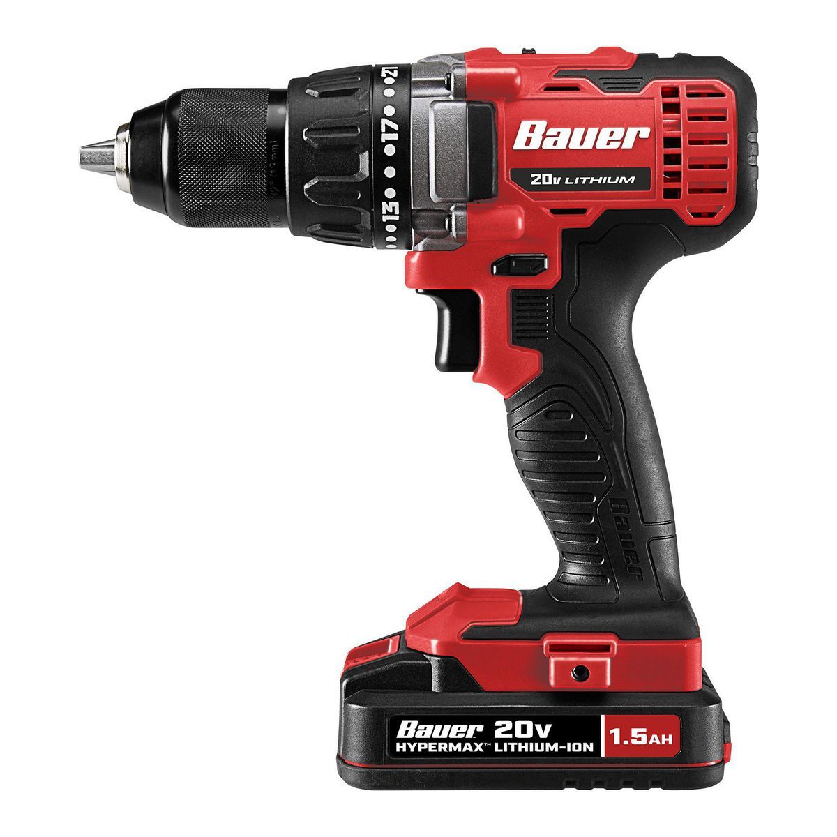 Equipo taladrador/driver inalámbrico Bauer de 20V con broca de 1/2 pulgadas, batería de 1.5 Ah y cargador - 64754