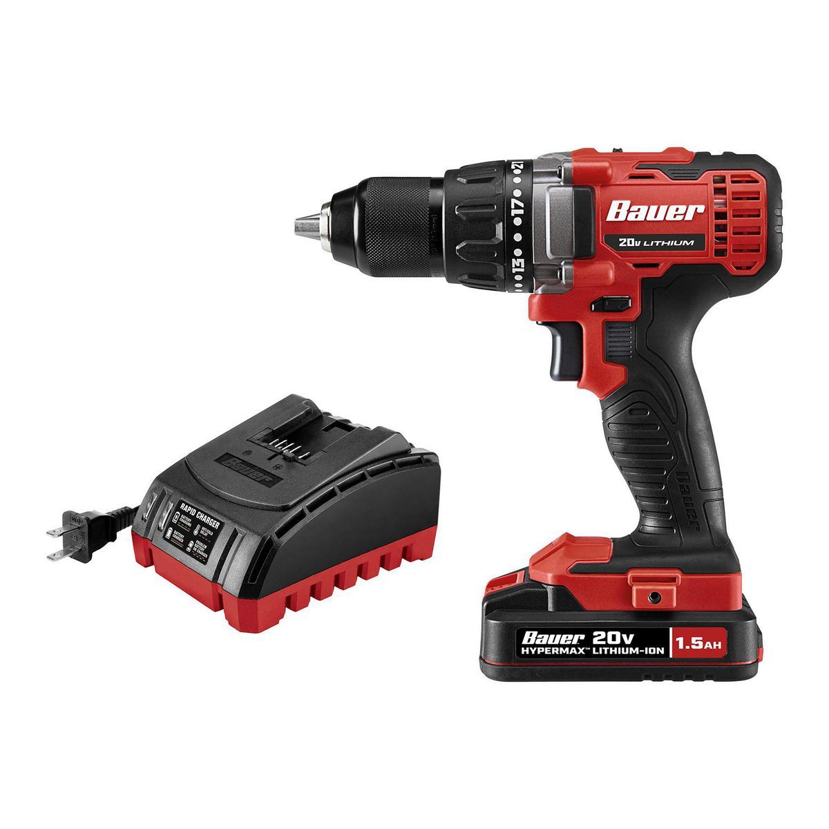 Equipo taladrador/driver inalámbrico Bauer de 20V con broca de 1/2 pulgadas, batería de 1.5 Ah y cargador - 64754