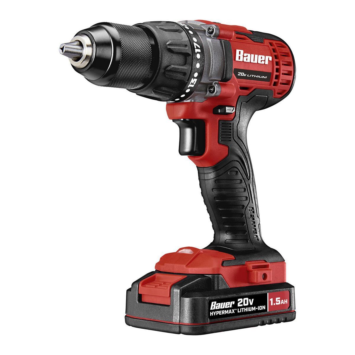 Equipo taladrador/driver inalámbrico Bauer de 20V con broca de 1/2 pulgadas, batería de 1.5 Ah y cargador - 64754