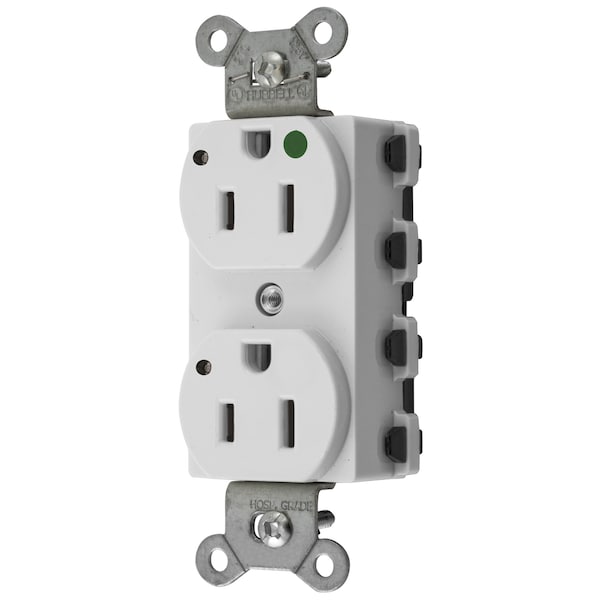 Hubbell Wiring Device-Kellems Straight Blade Devices, Receptacles, Duplex, SNAPConnect, Hospital Grade, LED Indicator, 15A 125V, 2-Pole 3-Wire Grounding, 5-15R, Nylon, White - SNAP8200WL