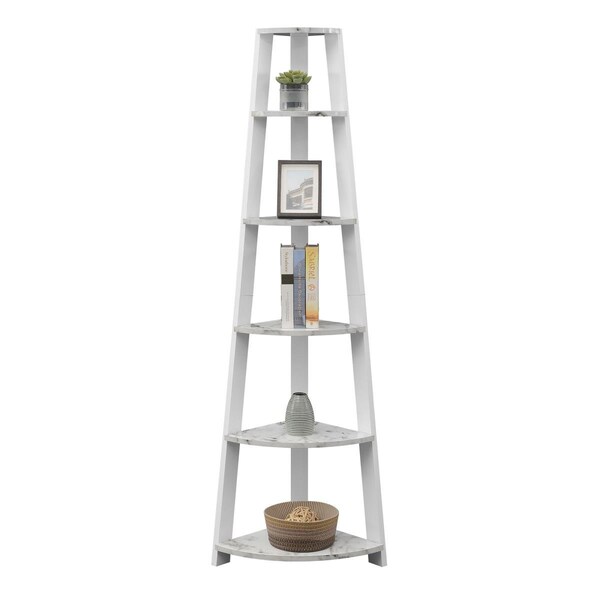 Convenience Concepts Newport 5 Tier Corner Bookshelf, White Faux Marble & White - 121095WMW