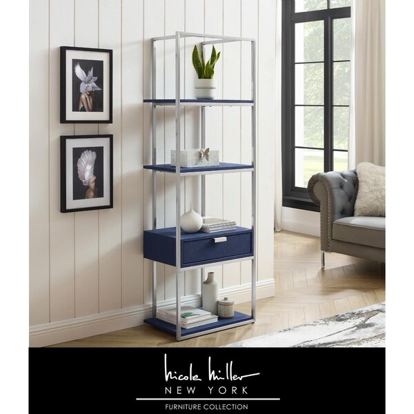Posh Living Abdiel Faux Shagreen Bookshelf with Chrome Frame, Navy - NBS407-01NG-UE