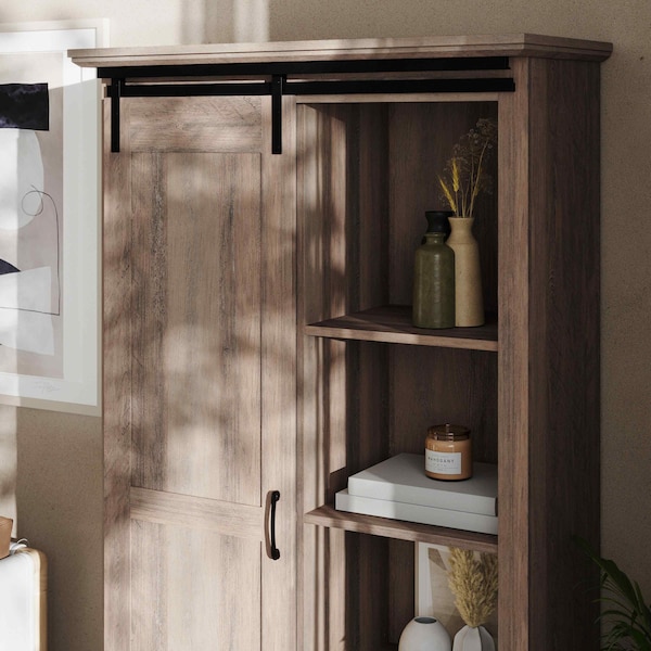 Flash Furniture Harrison 36in. Wide Rustic Farmhouse Storage Cabinet Bookcase w/Sliding Barn Door, Graywash - ZG-026-GRYWSH-GG