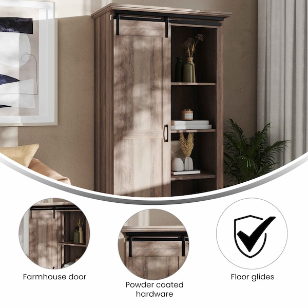 Flash Furniture Harrison 36in. Wide Rustic Farmhouse Storage Cabinet Bookcase w/Sliding Barn Door, Graywash - ZG-026-GRYWSH-GG