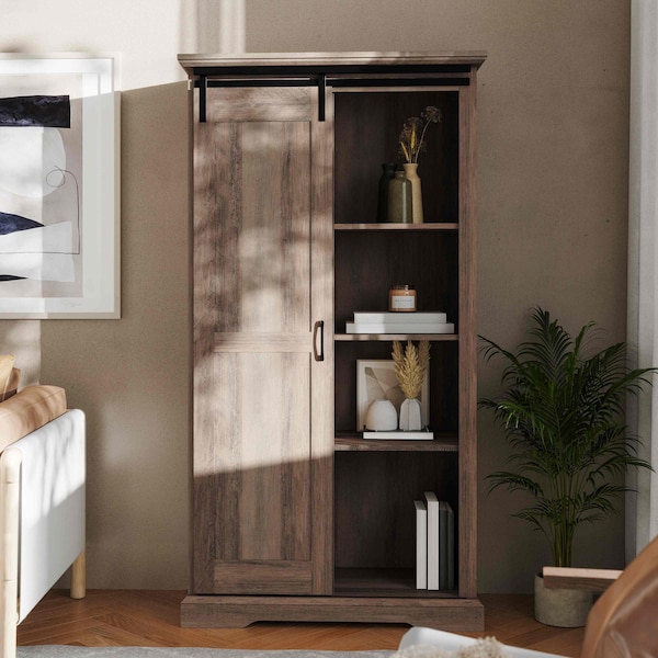 Flash Furniture Harrison 36in. Wide Rustic Farmhouse Storage Cabinet Bookcase w/Sliding Barn Door, Graywash - ZG-026-GRYWSH-GG