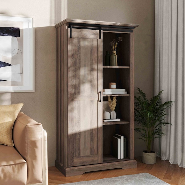 Flash Furniture Harrison 36in. Wide Rustic Farmhouse Storage Cabinet Bookcase w/Sliding Barn Door, Graywash - ZG-026-GRYWSH-GG