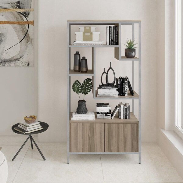 Techni Mobili Storage Rack Book Case with Door Cabinet, Oak - RTA-482BC-OAK